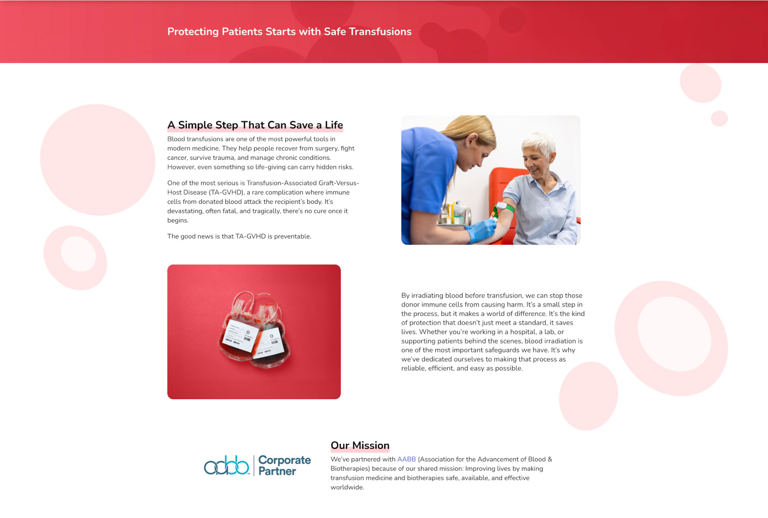 Sample of website page outlining the problems with blood products that aren't irradiated